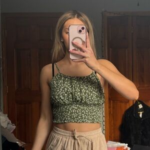 Green Floral Cropped Tank Top
